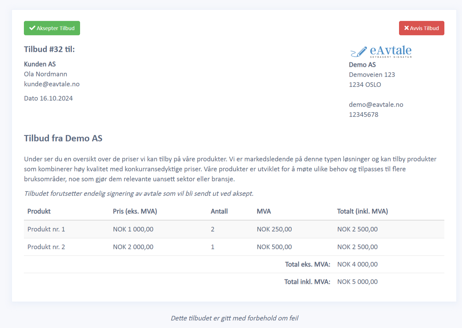 Webside for visning av tilbudet til kunden